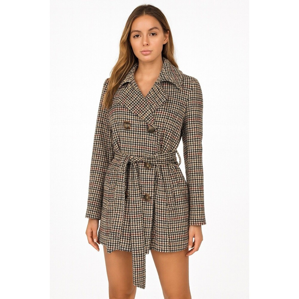 Riley & James Houndstooth Plaid Double Breasted Belted Coat Jacket Tan XL